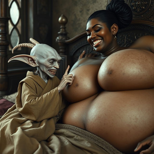 In a medieval bedroom, two beings are lying on an ornate bed