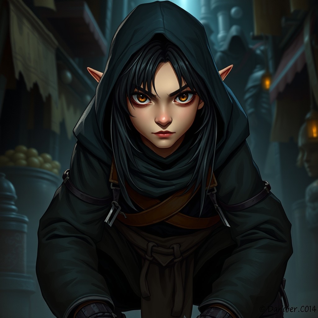 A male halfling rogue from a Dungeons & Dragons setting, featuring long black hair and expressive brown eyes