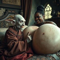 In a medieval bedroom, two beings are lying on a richly adorned bed