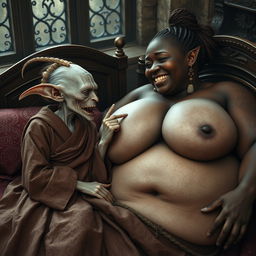 In a medieval bedroom, two beings are lying on a richly adorned bed