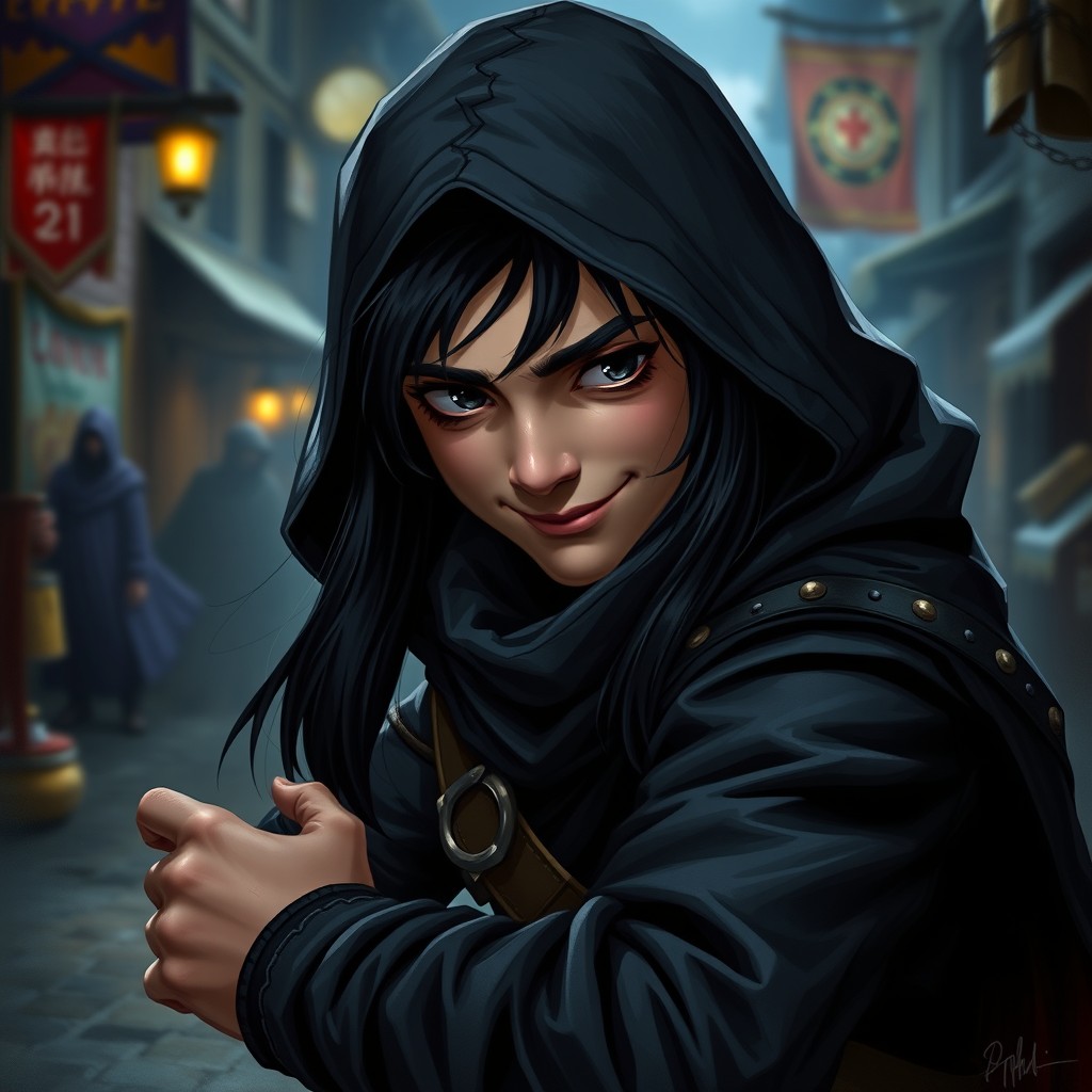 A male halfling rogue from a Dungeons & Dragons universe, characterized by long black hair and striking black eyes