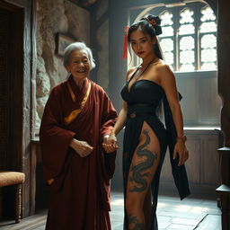 Inside a medieval room, a touching scene depicts a petite, extremely malnourished 40-year-old Japanese woman, dressed in a long, closed Buddhist robe adorned with golden trim