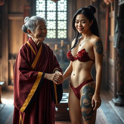 Inside a medieval room, a poignant scene features a petite, extremely malnourished 40-year-old Japanese woman adorned in a long, closed Buddhist robe with golden edges