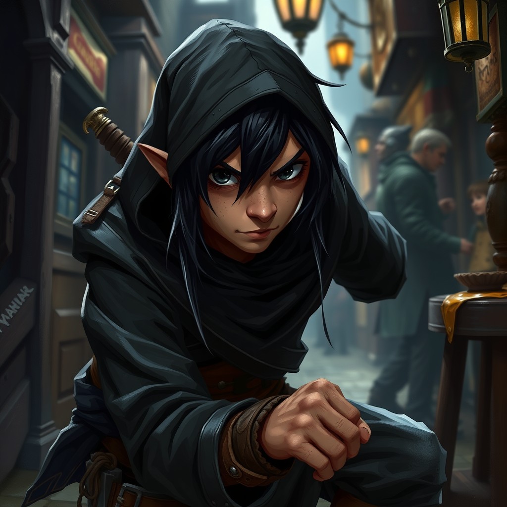 A male halfling rogue from a Dungeons & Dragons universe, characterized by long black hair, distinctive black eyes, and rough facial features that convey a hardened, streetwise demeanor