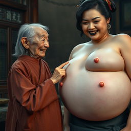 In a medieval Chinese room, a very small elderly Chinese woman displays a malnourished body with sharp, decayed teeth