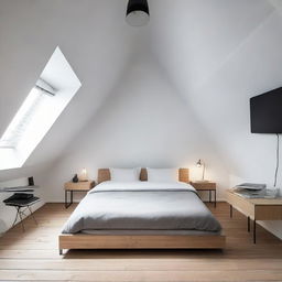 A minimalist styled loft bedroom of 12.8 m² with a double bed, a table carrying a Macbook and a monitor, and a TV located opposite the bed.