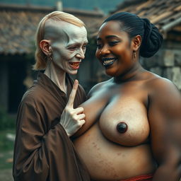 In a medieval village, a 45-year-old very small woman with pale skin and a malnourished body