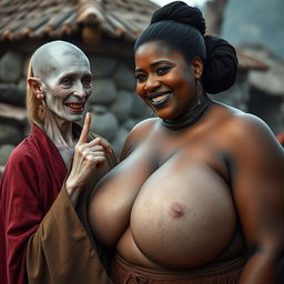 In a medieval village, a 45-year-old very small woman with pale skin and a malnourished body