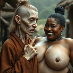 In a medieval village, a 45-year-old very small woman with pale skin and a malnourished body