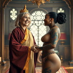Inside a luxurious medieval room, a vibrant scene captures two women in a moment of joy