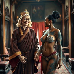 Inside a luxurious medieval room, a vibrant scene captures two women in a moment of joy