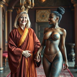 Inside a luxurious medieval room, a vibrant scene captures two women in a moment of joy