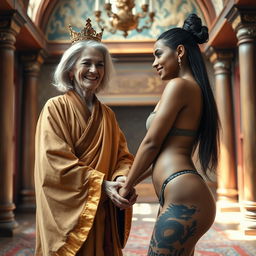 Inside a luxurious medieval room, a vibrant scene showcases two women joyfully connected