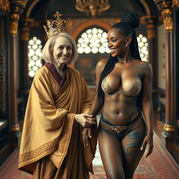 Inside a luxurious medieval room, a vibrant scene showcases two women joyfully connected