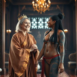 Inside a luxurious medieval room, a captivating scene captures two women radiating joy