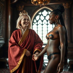 Inside a luxurious medieval room, a captivating scene captures two women radiating joy
