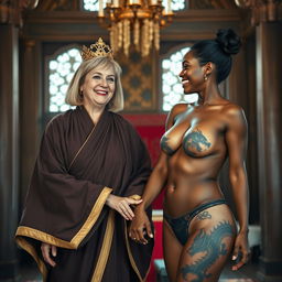 Inside a luxurious medieval room, a captivating scene captures two women radiating joy