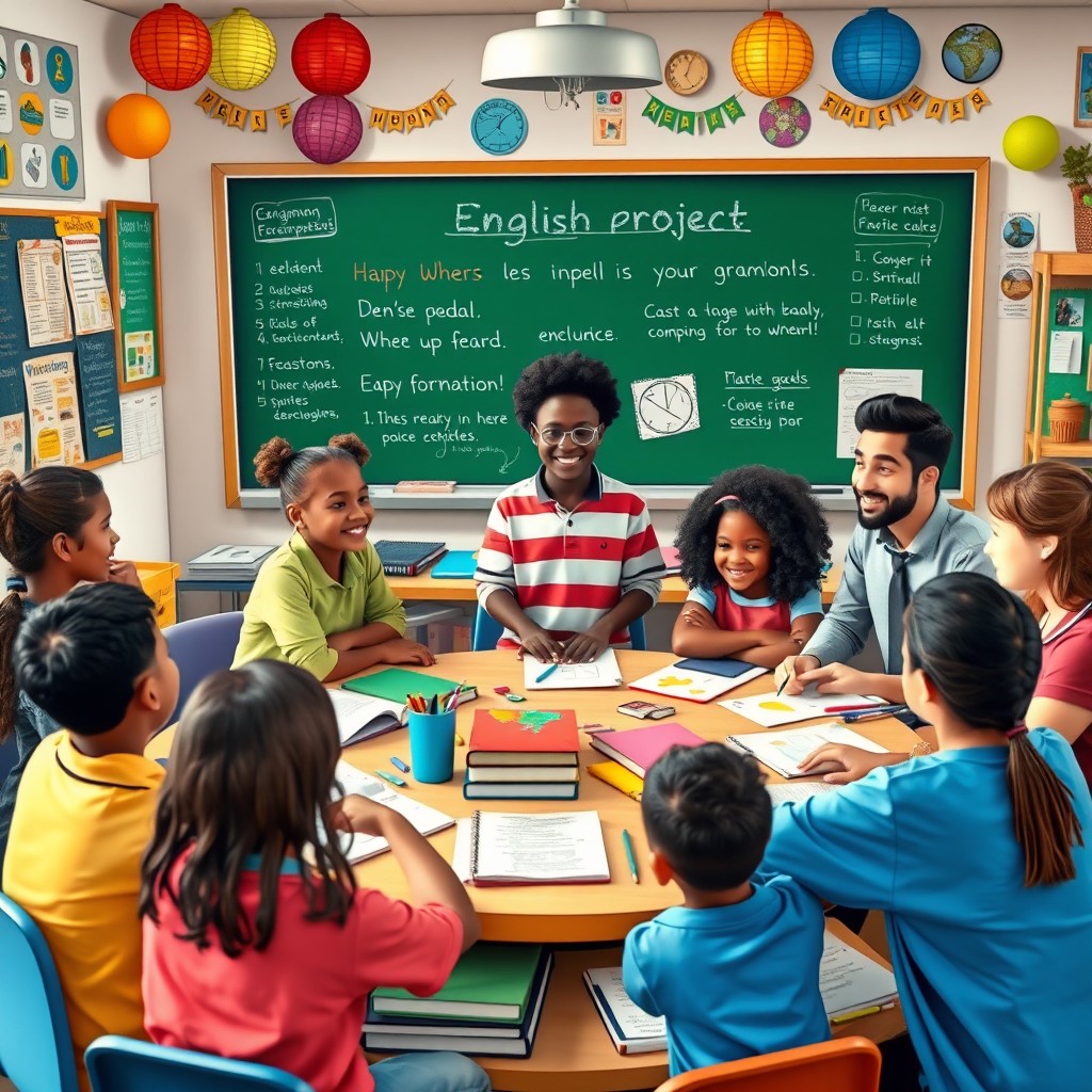 A vibrant and engaging classroom scene depicting diverse students working enthusiastically on an English project