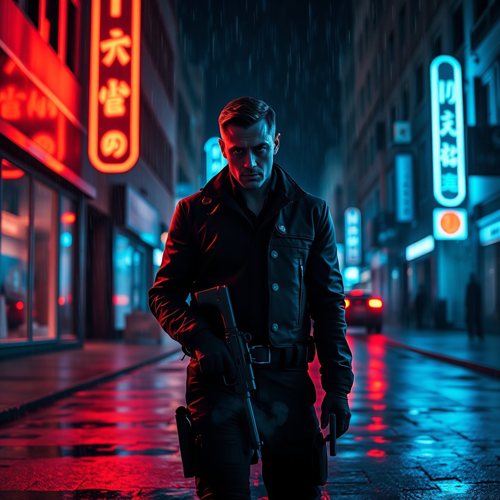 A dark neo-noir action movie poster featuring a lone assassin named Rykal Airan standing under vibrant neon lights in a rainy city street at night