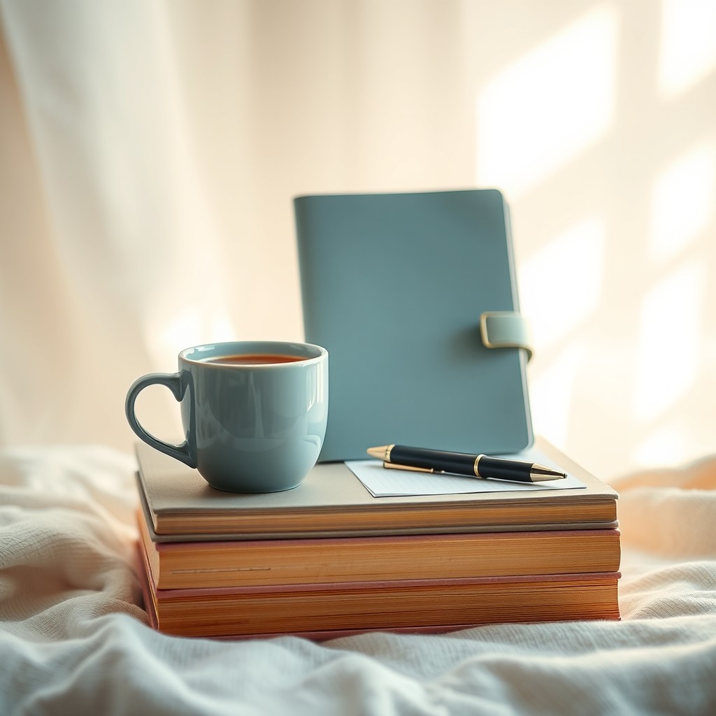 A cozy scene for a book cover featuring a steaming hot cup of coffee placed next to a planner and a pen, all elegantly arranged on a stack of books