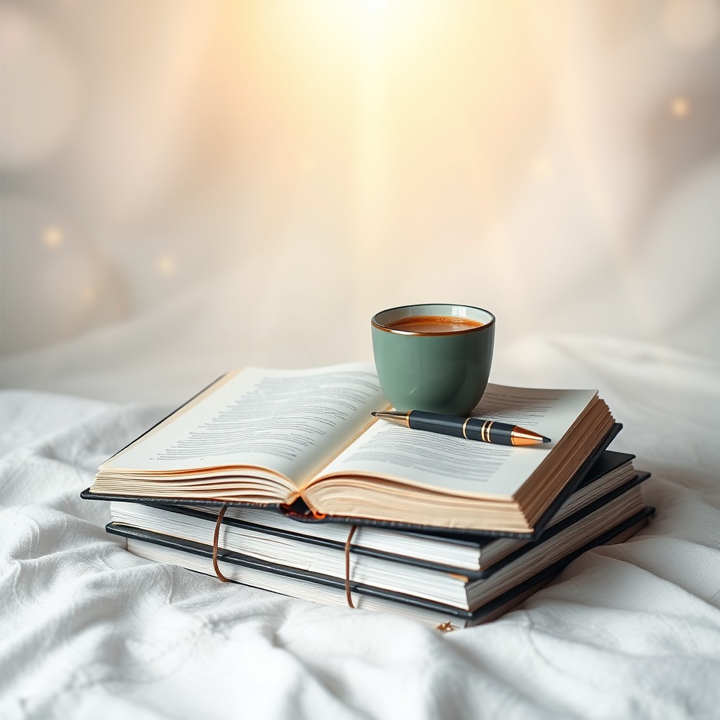 A captivating book cover design featuring a steaming hot cup of coffee sitting next to an open planner and a pen, elegantly positioned on top of a stack of books