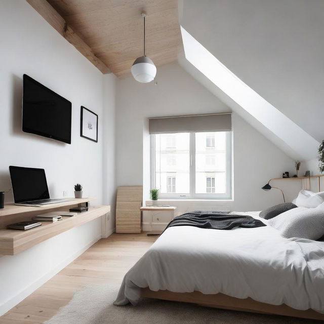 A minimalist styled loft bedroom of 12.8 m² with a double bed, a table carrying a Macbook and a monitor, and a TV located opposite the bed.