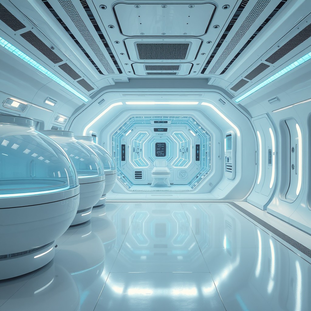 Wide shot of a hyper-advanced, sterile medical bay inside a sleek spaceship