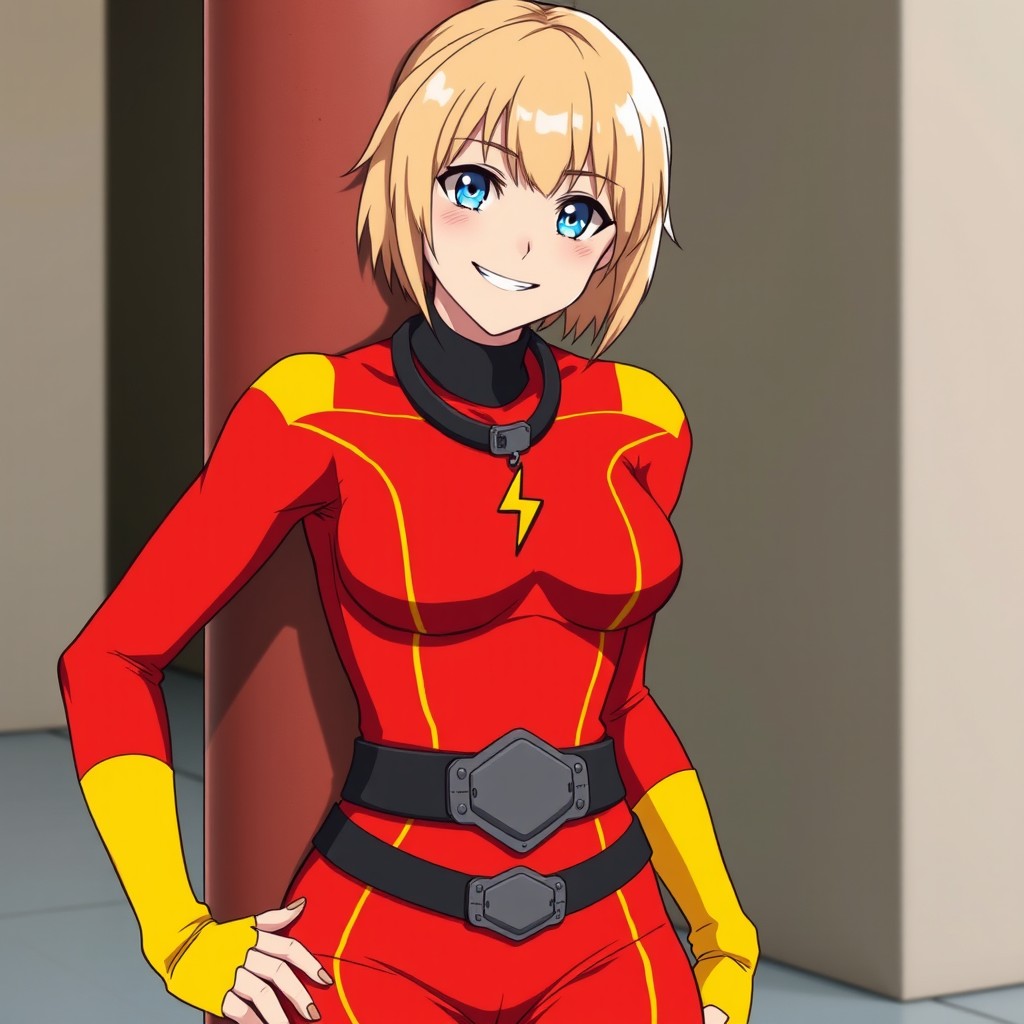 An anime woman with blonde chin-length hair and captivating blue eyes, smiling confidently with a cocky grin as she leans against a post