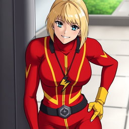 An anime woman with blonde chin-length hair and captivating blue eyes, smiling confidently with a cocky grin as she leans against a post