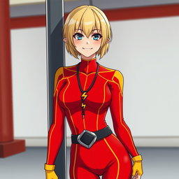 An anime woman with blonde chin-length hair and captivating blue eyes, smiling confidently with a cocky grin as she leans against a post