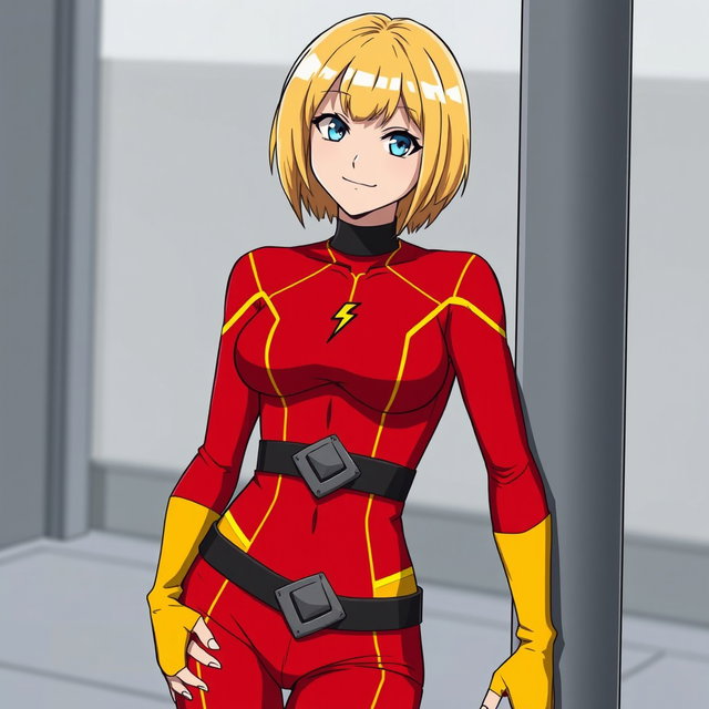 An anime woman with blonde chin-length hair and captivating blue eyes, smiling confidently with a cocky grin as she leans against a post