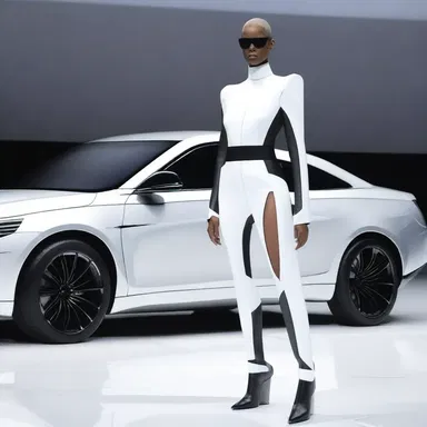 The fashion designer showcased a futuristic collection inspired by the sleek design of a squad car.