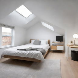 A minimalist styled loft bedroom of 12.8 m² with a double bed, a table carrying a Macbook and a monitor, and a TV located opposite the bed.