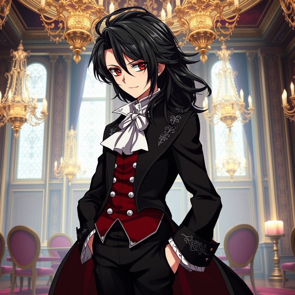 An enchanting anime character with deep, flowing dark hair styled in an elegant manner, reflecting the sophistication of an 18th-century aristocrat