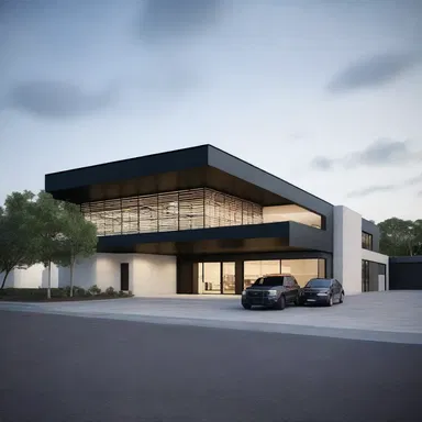 The architect designed a modern police station with a spacious garage to accommodate multiple squad cars.