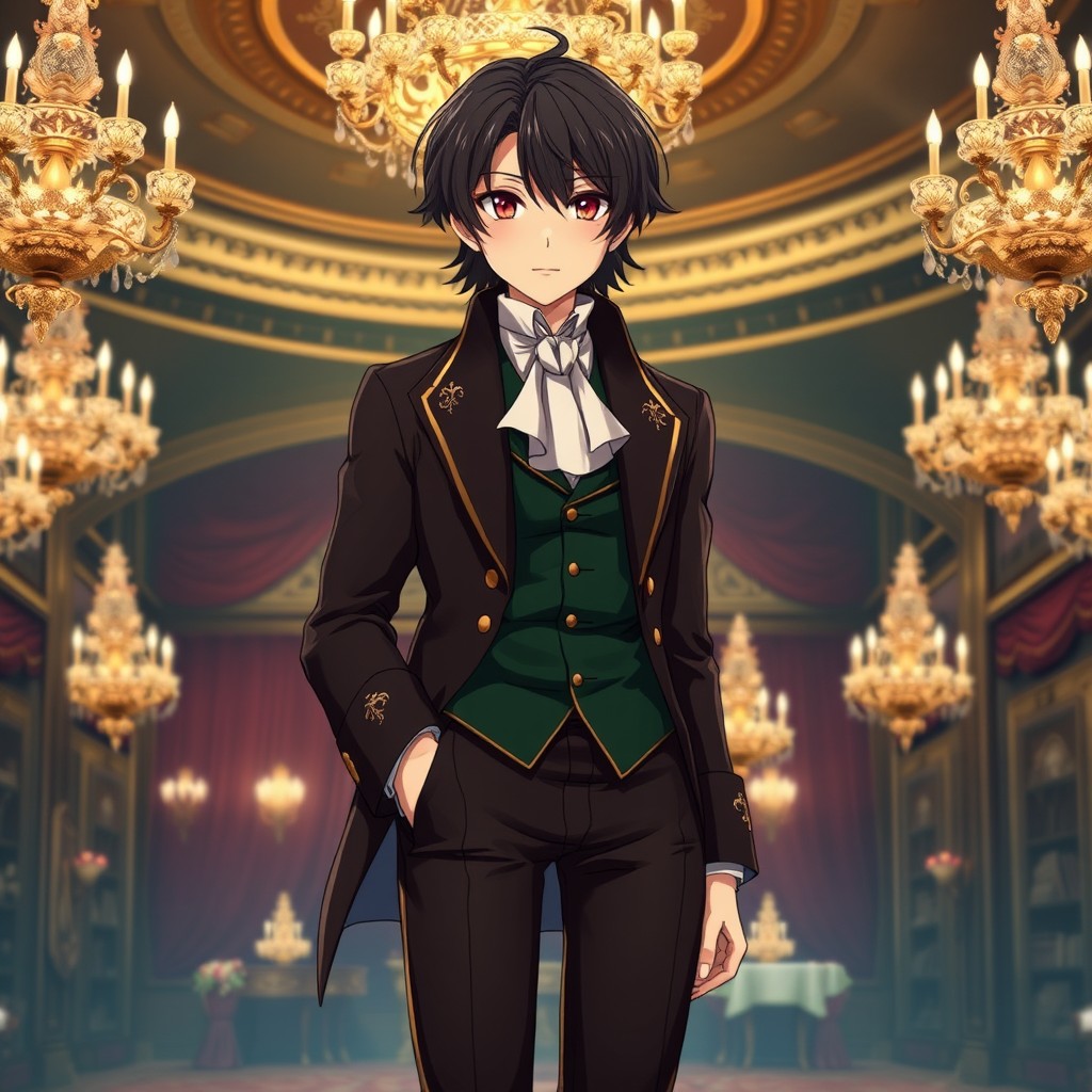 A captivating anime character with rich dark hair, styled elegantly in a classic 18th-century aristocratic manner