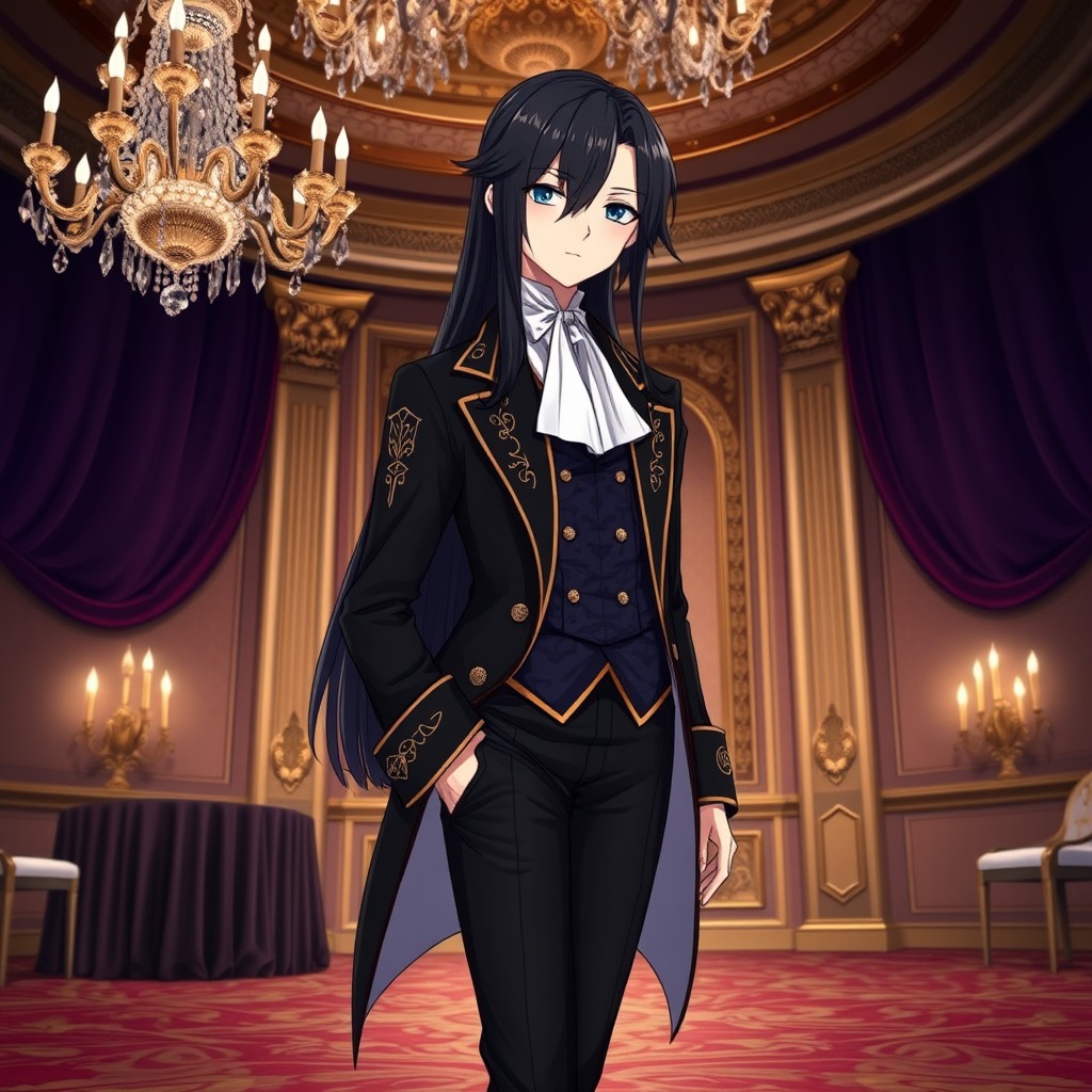 A striking anime character with long, sleek dark hair elegantly styled in an 18th-century aristocratic fashion