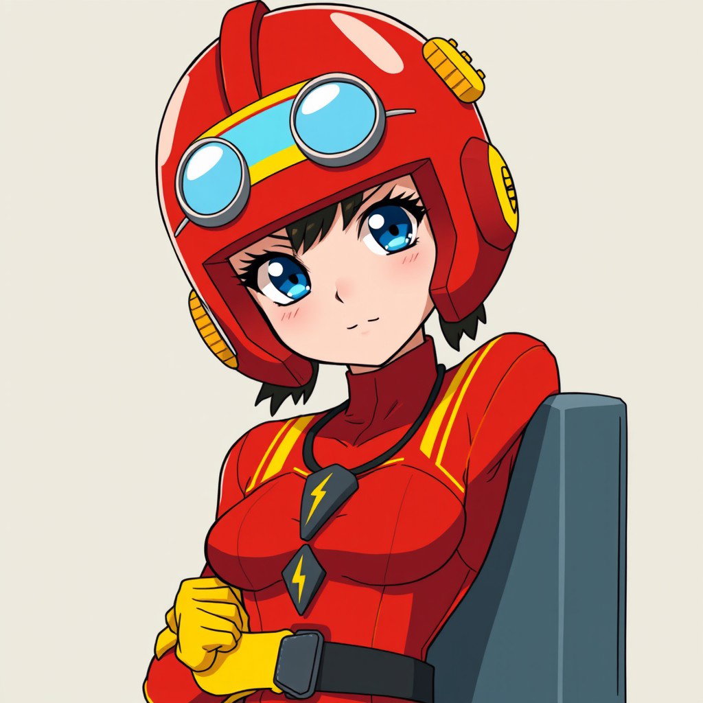 An anime woman with striking blue eyes, wearing a distinctive red helmet that covers her entire head, leaving only her mouth and chin exposed