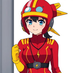 An anime woman with striking blue eyes, wearing a distinctive red helmet that covers her entire head, leaving only her mouth and chin exposed