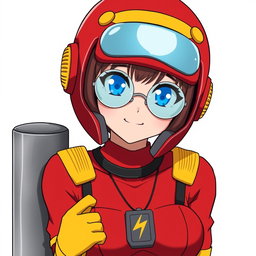 An anime woman with striking blue eyes, wearing a distinctive red helmet that covers her entire head, leaving only her mouth and chin exposed