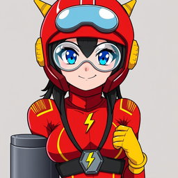 An anime woman with striking blue eyes, wearing a distinctive red helmet that covers her entire head, leaving only her mouth and chin exposed