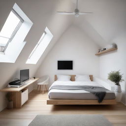 A minimalist styled loft bedroom of 12.8 m² with a double bed, a table carrying a Macbook and a monitor, and a TV located opposite the bed.