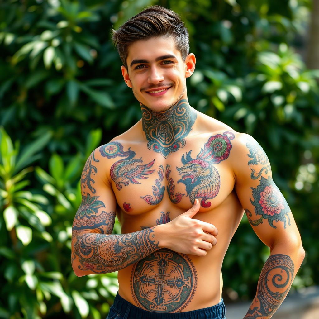 A young man showcasing intricate tattoos on his body, standing confidently