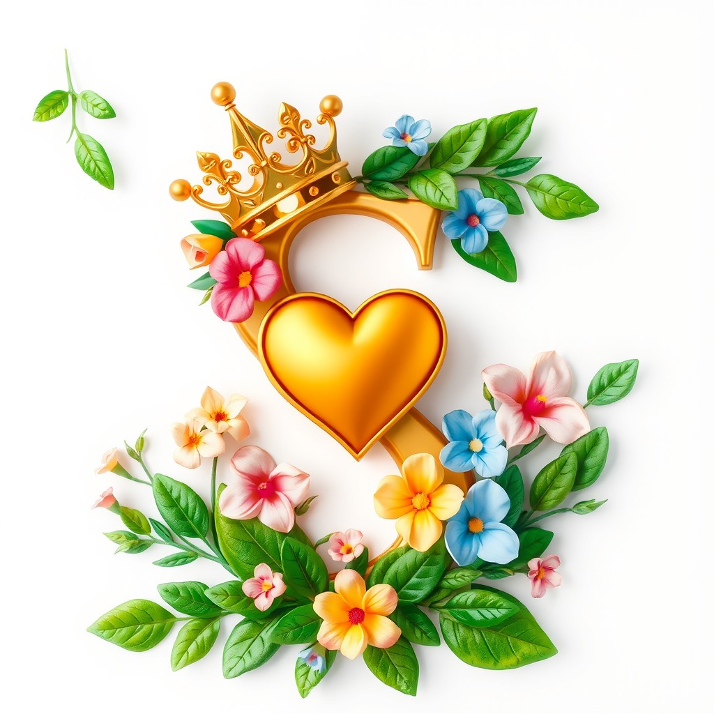 A beautifully designed letter 'S' adorned with an elegant crown on top, a vivid heart incorporated into the design, surrounded by delicate flowers and lush green leaves