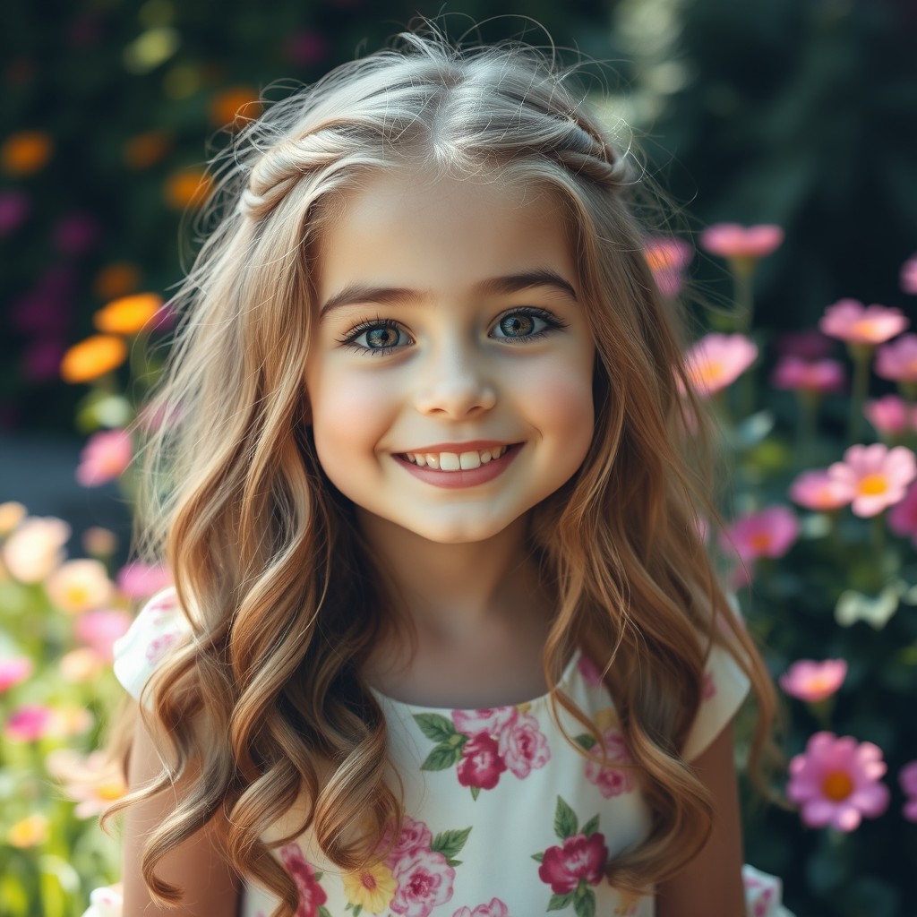 A portrait of a cute girl with long, wavy hair and bright, expressive eyes, smiling radiantly