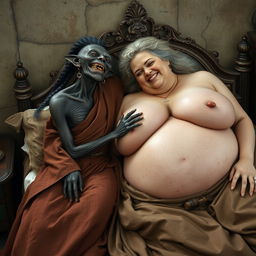 In a medieval bedroom, two characters are lying on an ornate bed