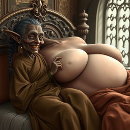 In a medieval bedroom, two characters are lying on an ornate bed