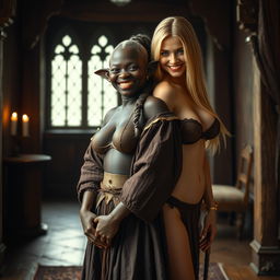 In a medieval room, a captivating scene unfolds featuring a 40-year-old female black goblin, petite and extremely malnourished, radiating joy as she smiles happily