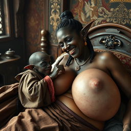 Lying on a medieval bed in a richly adorned medieval room, a small, emaciated black African female goblin with very dark skin and rotten teeth is dressed in a long, fully closed Buddhist cloak