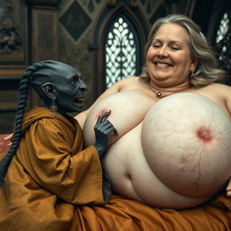 Lying on a medieval bed in an ornate medieval room, a small, emaciated black African female goblin with very dark skin and rotten teeth is dressed in a long, fully closed Buddhist cloak